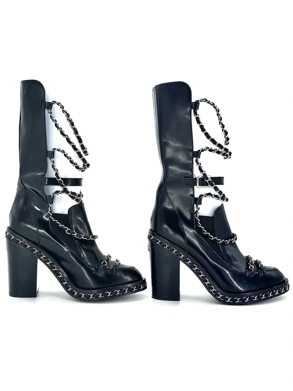Chanel A/W2013 Karl Lagerfeld Chain Obsession Patent Leather Block Heel Boots 37